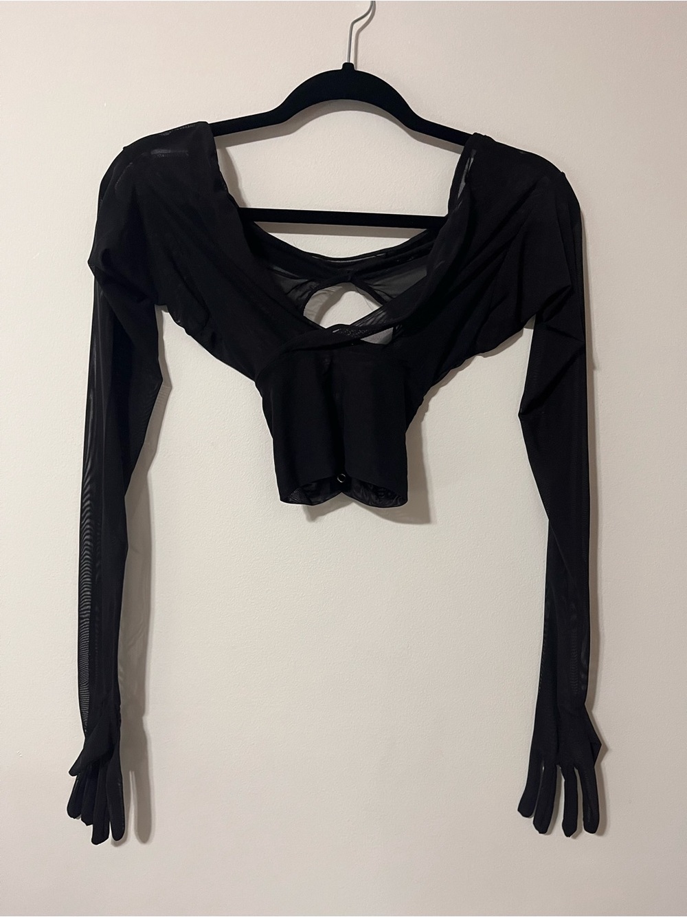 Whimsy Goth Black Mesh Attached Gloves Crop Top Shirt Costume Going Out Sz XS